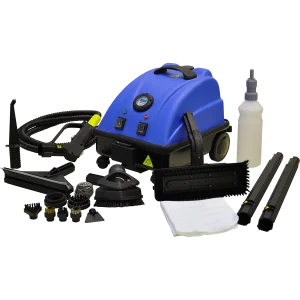 A blue professional carpet cleaning machine with various brushes and attachments displayed.