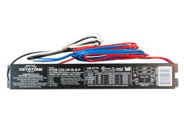 Keystone electronic ballast for fluorescent lamps with wiring shown on white background.