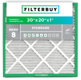 Packaged air filter with specifications "20x20x1" and MERV 8 rating by Filterbuy.