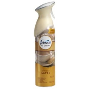 A bottle of Febreze Air Effects in Vanilla Latte scent against a white background.
