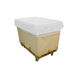 A covered laundry cart on wheels with a tan base and white top.