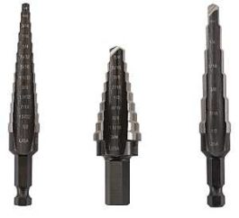 Three stepped drill bits in increasing sizes on a white background.