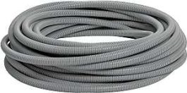 Coiled flexible gray conduit piping on a white background.