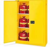 Yellow fire safety cabinet with two red fire extinguishers inside.