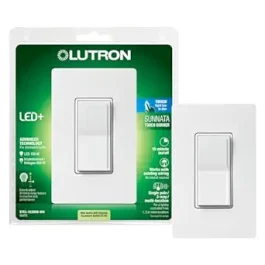 Packaging and product view of a Lutron LED+ dimmer switch.