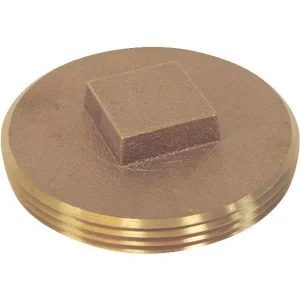 Brass threaded plug with a square head on a white background.