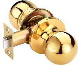 A shiny gold doorknob with a mounting plate, isolated on a white background.