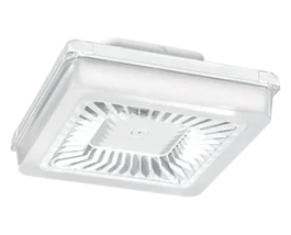 Ceiling-mounted square bathroom exhaust fan with light on a white background.