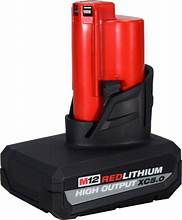 A red and black M12 RedLithium high output XC6.0 battery pack for power tools.