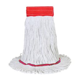 White cotton string mop head with a red band on a white background.