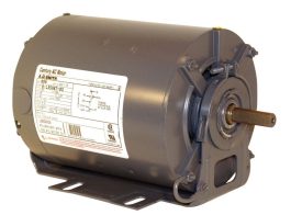 Industrial electric AC motor with a specification label on its side.