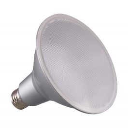 LED light bulb with a textured surface and an E27 base against a white background.