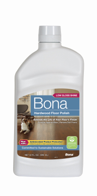 A bottle of Bona low-gloss hardwood floor polish with product details and a certification badge.