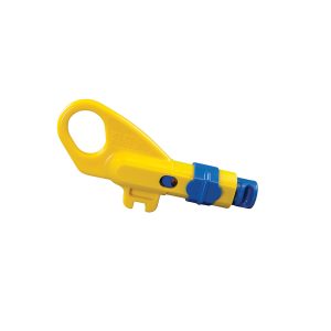 Yellow and blue plastic whistle on a white background.