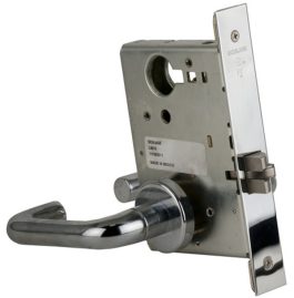 A modern door handle and lock mechanism isolated on a white background.