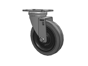 3D rendering of a swivel caster wheel with mounting plate.