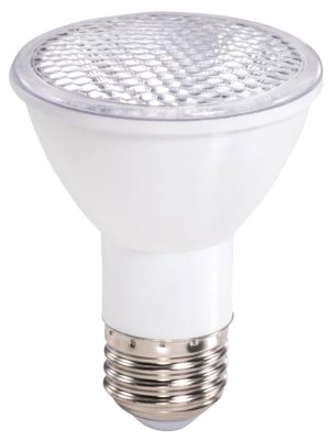 LED light bulb with a reflective surface and metal screw base on a white background.