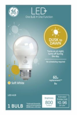 LED light bulb packaging highlighting dusk to dawn feature, soft white color, 800 lumens brightness, and energy cost savings.