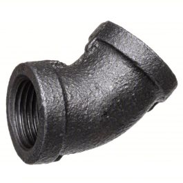 Black iron pipe elbow fitting with female threaded connections.