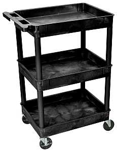 A three-tiered black utility cart on wheels.