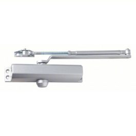 A silver door closer mechanism with hydraulic arm isolated on a white background.