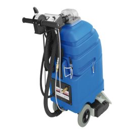 Blue commercial carpet cleaning machine with hose and wand on white background.