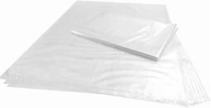 A stack of clear plastic zipper storage bags on a white background.