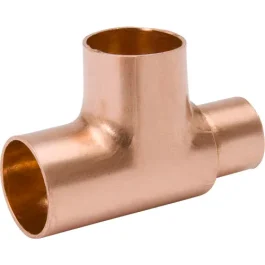 Copper pipe tee fitting isolated on a white background.