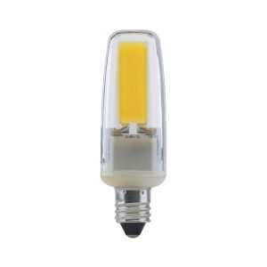 LED light bulb with a clear body and yellow filament on white background.