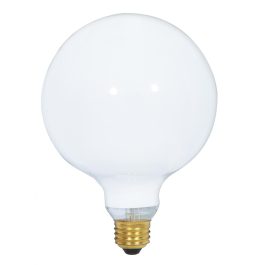 A large round white light bulb against a solid background.
