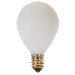 A frosted white incandescent light bulb with a brass base against a white background.