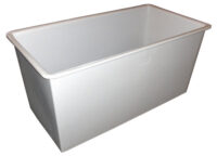 A plain white plastic storage bin isolated on a white background.