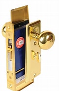 A golden door lock assembly with a deadbolt, knob, and visible internal mechanics.