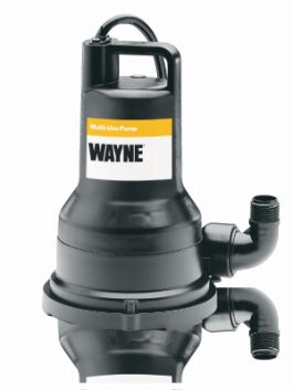 WAYNE branded multi-use submersible pump with black housing and yellow detailing.