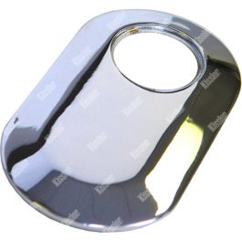 Chrome escutcheon plate with a central hole, isolated on a white background.