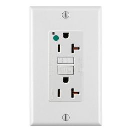 White GFCI outlet with test and reset buttons on a wall plate.