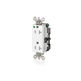 White electrical outlet on a white background with visible wiring terminals.