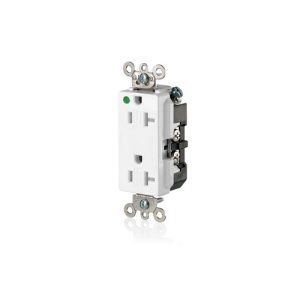 White electrical outlet on a white background with visible wiring terminals.