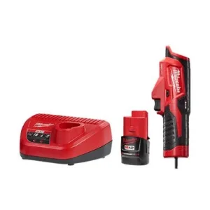 Cordless power tool battery charger, a detached battery, and a hand-held power screwdriver.