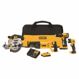 A set of DeWalt power tools including a drill, saw, and flashlight with batteries and a carrying bag.