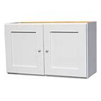A white two-door storage cabinet with a wooden top on a white background.