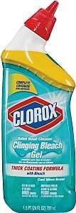 A bottle of Clorox Cleansing Bleach Gel with a red nozzle.