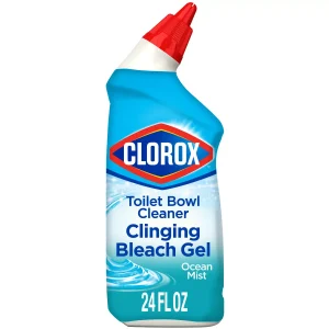 A bottle of Clorox toilet bowl cleaner with clinging bleach gel, ocean mist scent, 24 fl oz.