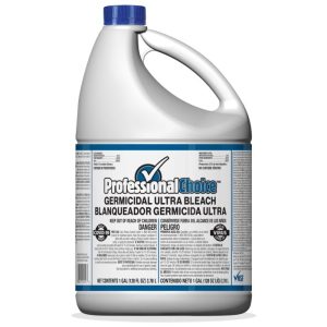 A gallon jug of Professional Choice germicidal ultra bleach with label details.