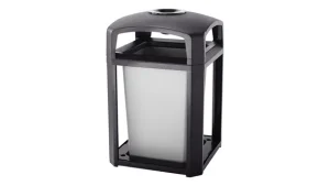 Modern black outdoor trash bin with translucent panels on a white background.