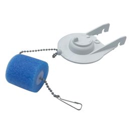 A toilet tank flapper with a blue float on a chain, isolated on a white background.