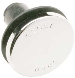 A round, white pop-up sink drain stopper with text and numbers on the surface.