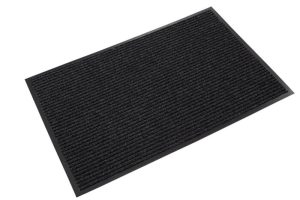 Black rectangular doormat on a white background.