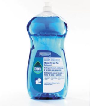 A bottle of blue Dawn dishwashing liquid against a white background.