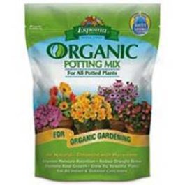 Bag of organic potting mix for gardening with colorful flowers on the label.